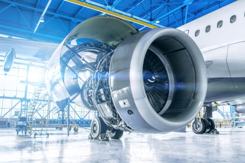 Airplane turbine jet engine casing open