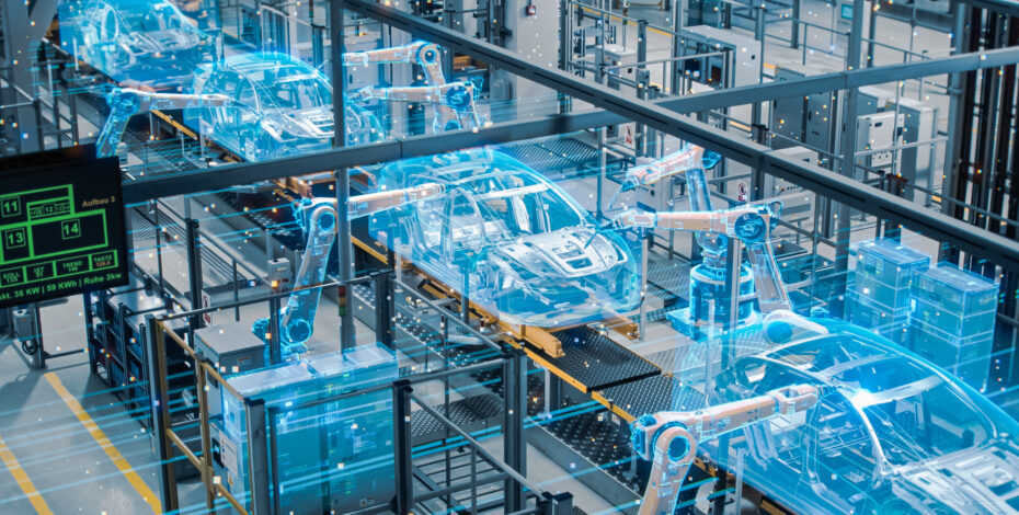 Car Factory Digitalization Industry 4.0 Concept: Automated Robot